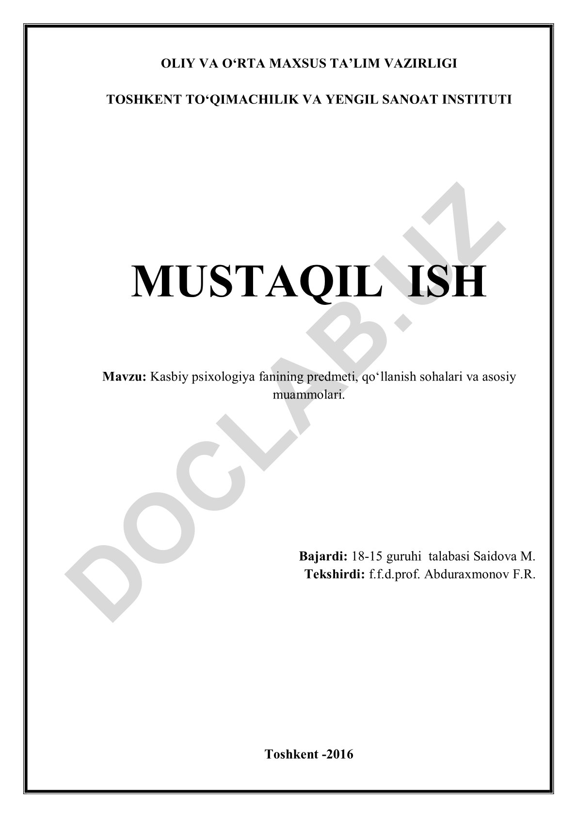 Kasbiy psixologiya fanining predmeti, qo‘llanish sohalari va asosiy muammolari