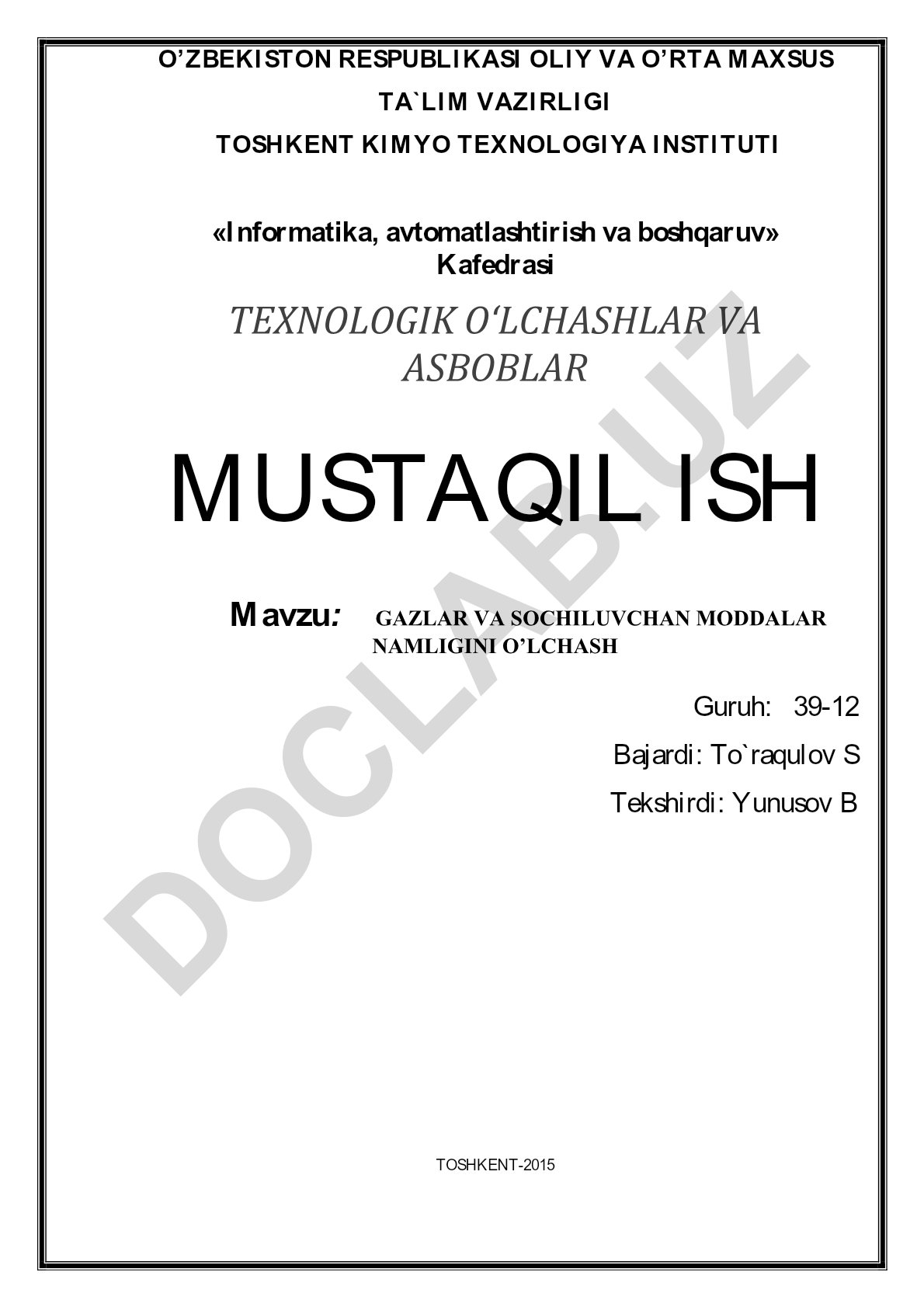 Gazlar va sochiluvchan moddalar namligini o'lchash