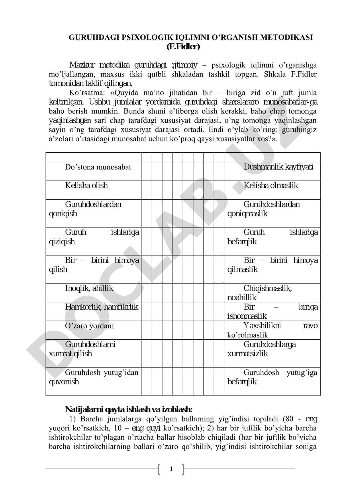Guruhdagi psixologik iqlimni o'rganish metodikasi (F.Fidler)