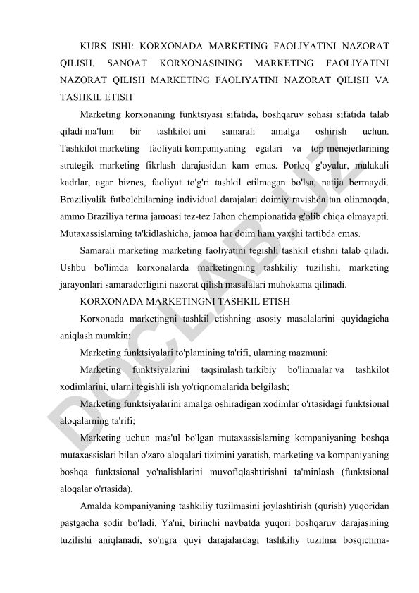 Korxonada marketing faoliyatini nazorat qilish