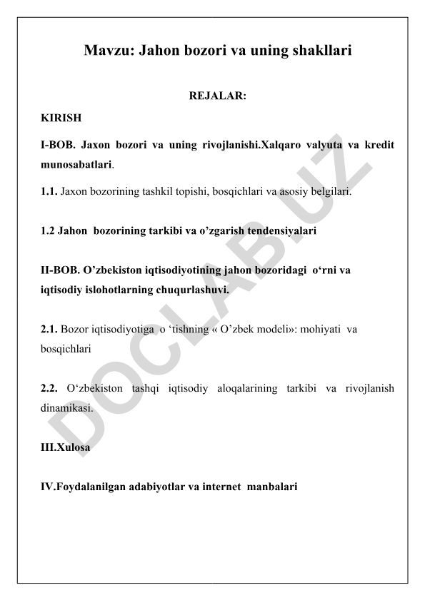 Jahon bozori va uning shakllari
