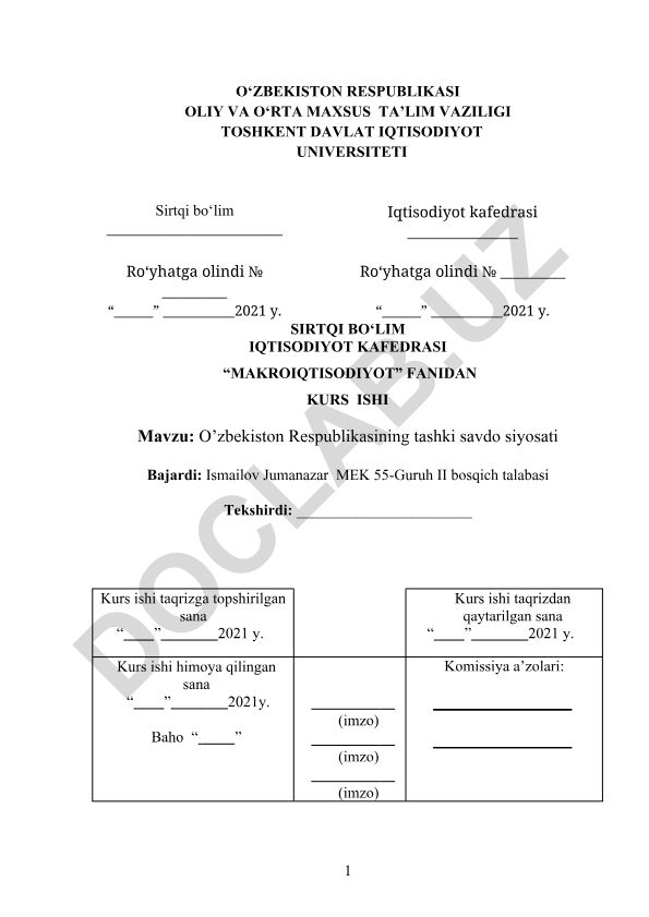 O'zbekiston Respublikasining tashki savdo siyosati