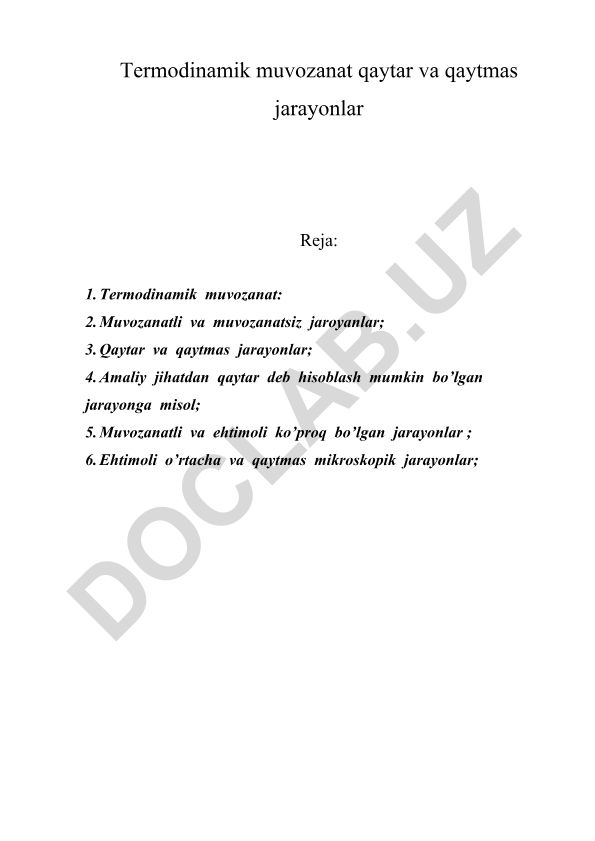 Termodinamik muvozanat, qaytar va qaytmas jarayonlar