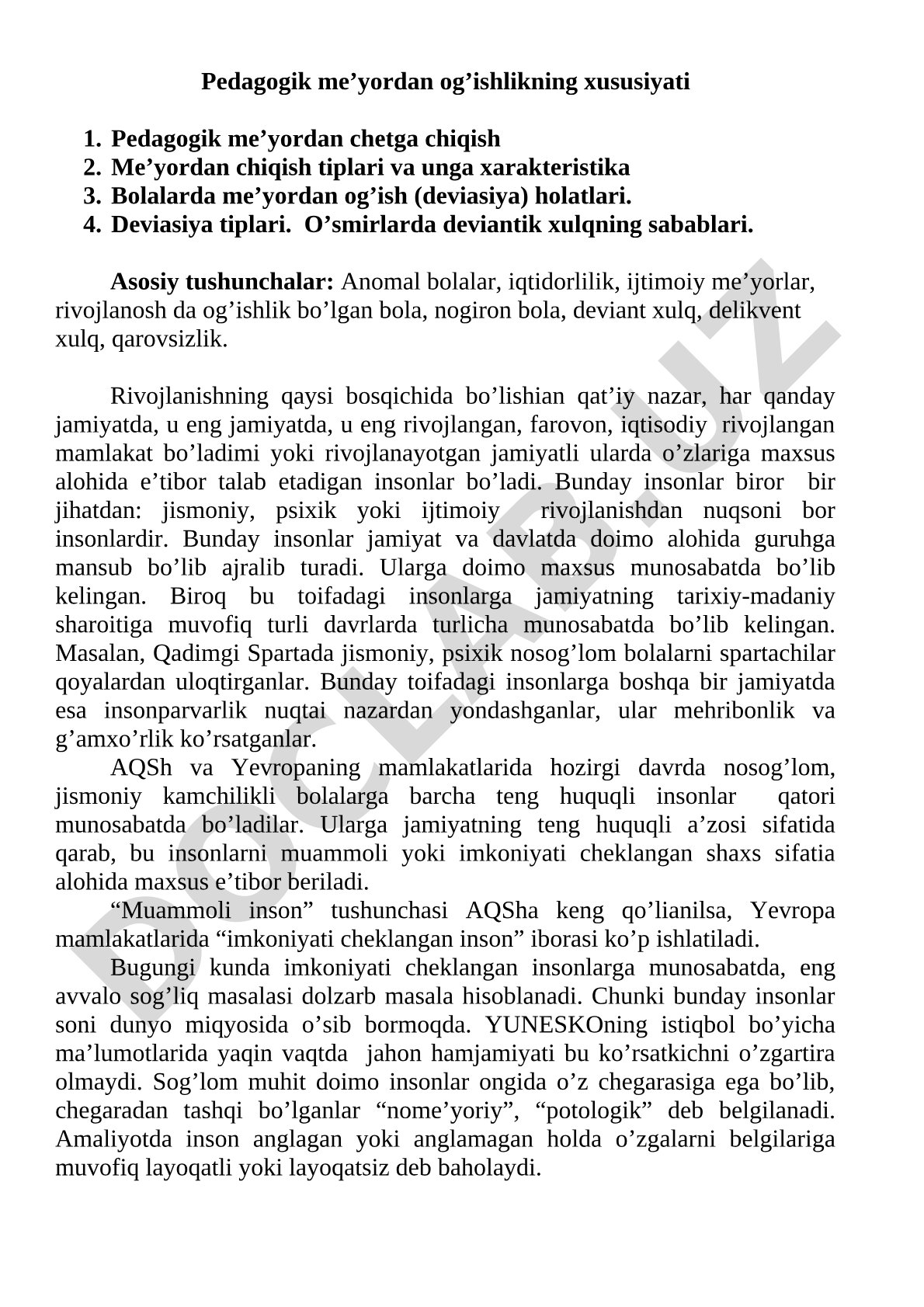 Pedagogik me'yordan og'ishlikning xususiyati