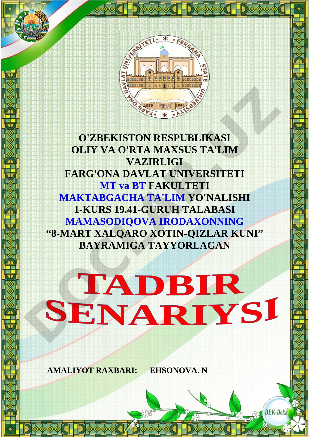 8-Mart Xalqaro Xotin-qizlar Kuni bayrami senariysi