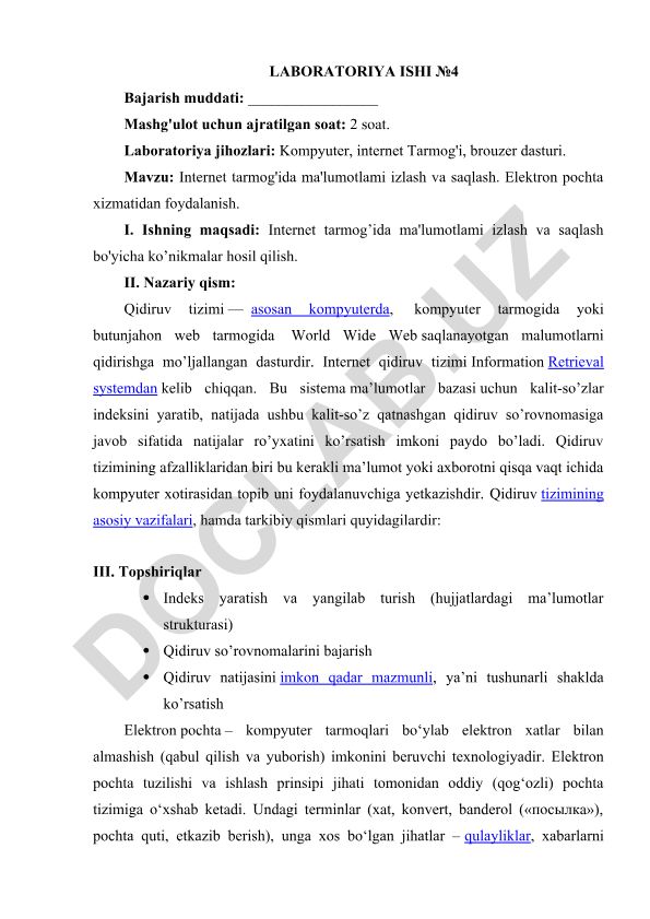 Internet tarmog'ida ma'lumotlami izlash va saqlash. Elektron pochta xizmatidan foydalanish