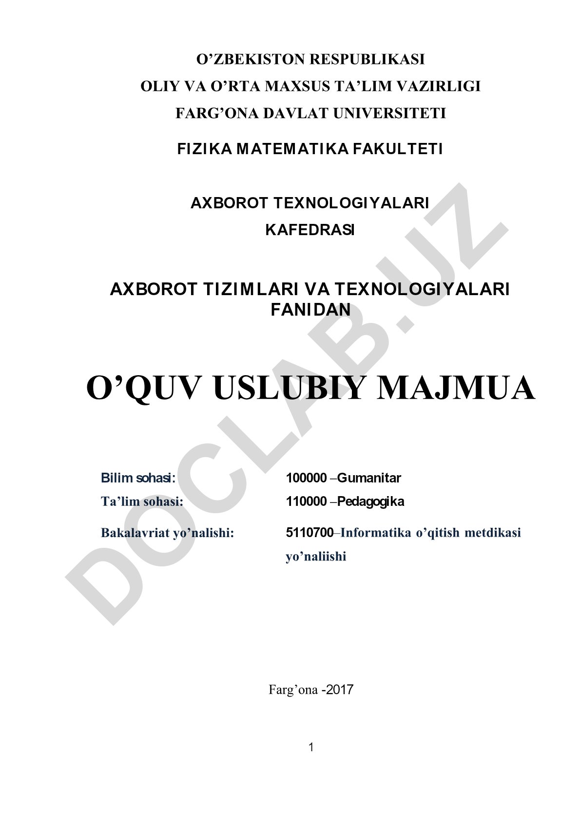 Axborot tizimlari va texnologiyalari fanidan o'quv-uslubiy majmua