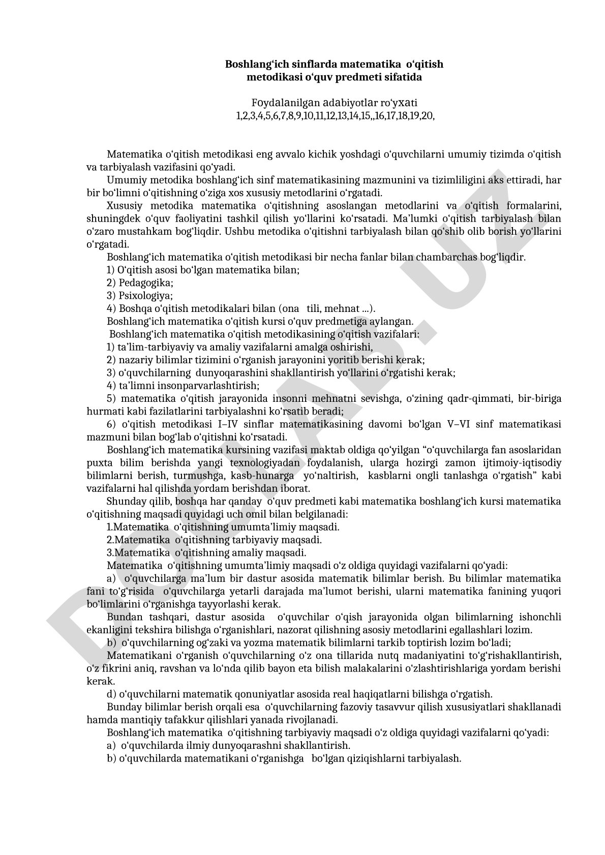 Boshlang‘ich sinflarda matematika o‘qitish metodikasi