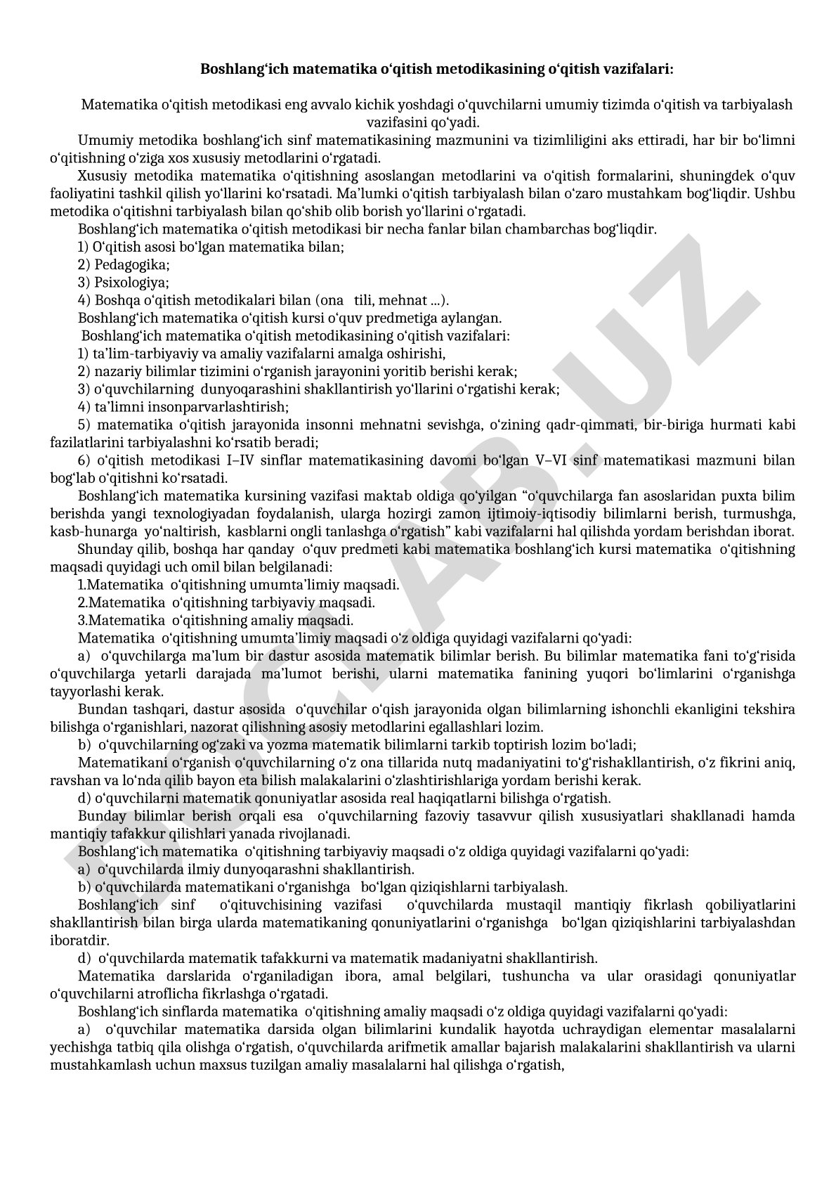 Boshlang‘ich matematika o‘qitish metodikasining o‘qitish vazifalari
