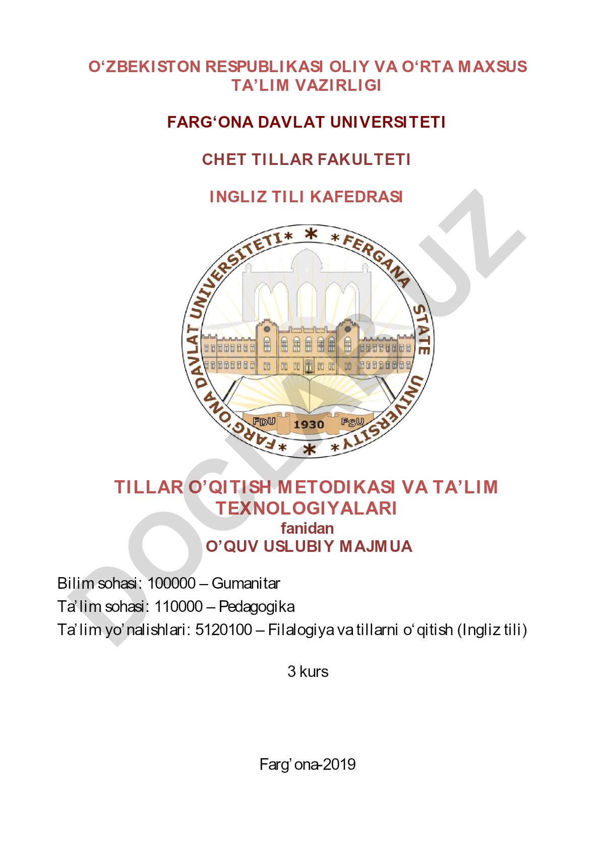 Tillar o'qitish metodikasi va ta'lim texnologiyalari fanidan o'quv-uslubiy majmua