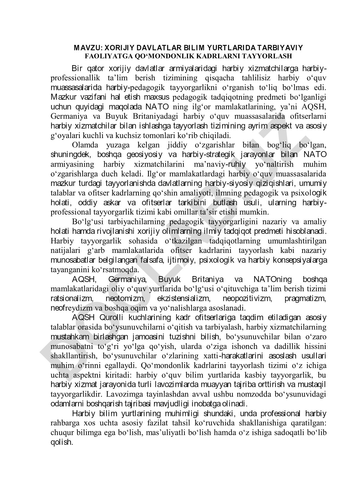 Xorijiy davlatlar bilim yurtlarida tarbiyaviy faoliyatga qo'mondonlik kadrlarni tayyorlash