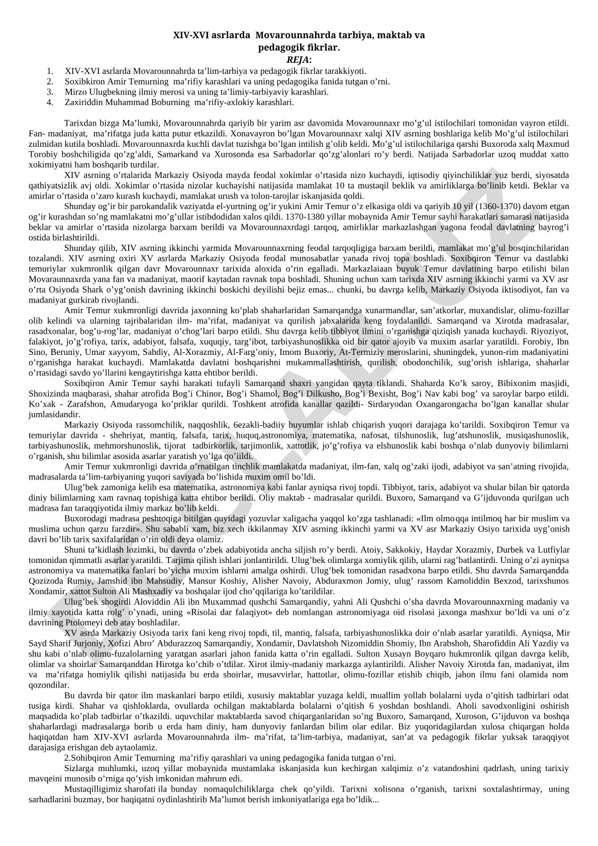XIV-XVI asrlarda Movarounnahrda tarbiya, maktab va pedagogik fikrlar