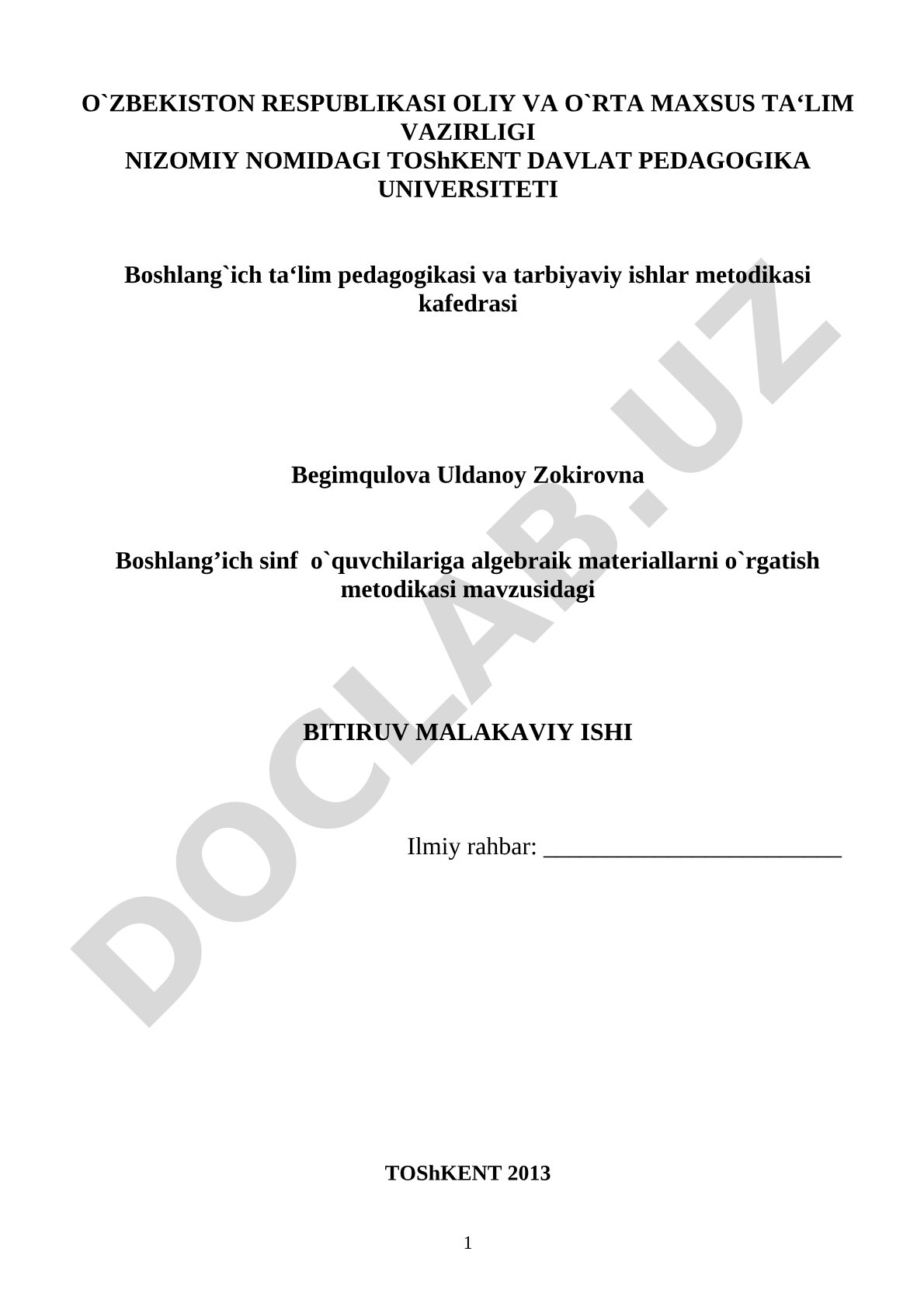 Boshlang'ich sinf o'quvchilariga algebraik materiallarni o'rgatish metodikasi