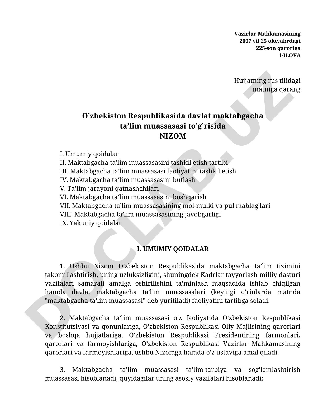 O'zbekiston Respublikasida davlat maktabgacha ta'lim muassasasi to'g'risida nizom
