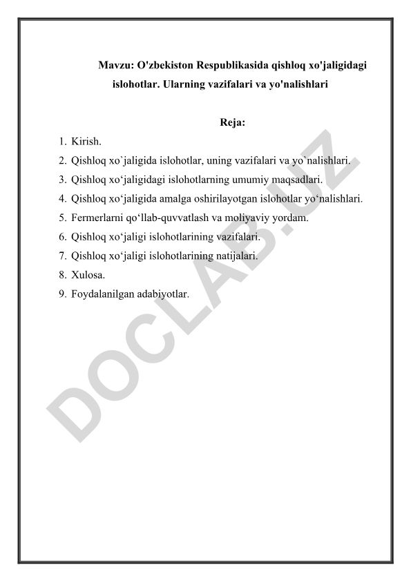 O'zbekiston Respublikasida qishloq xo'jaligidagi islohotlar. Ularning vazifalari va yo'nalishlari