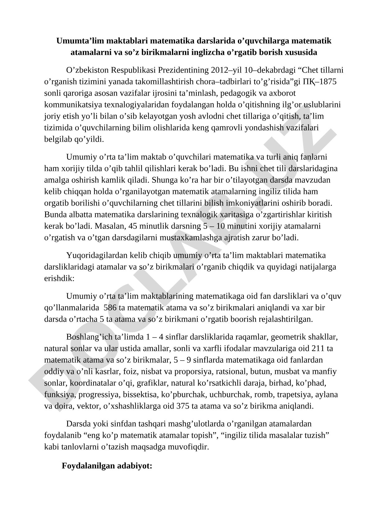 Umumta’lim maktablari matematika darslarida o’quvchilarga matematik atamalarni inglizcha o’rgatish