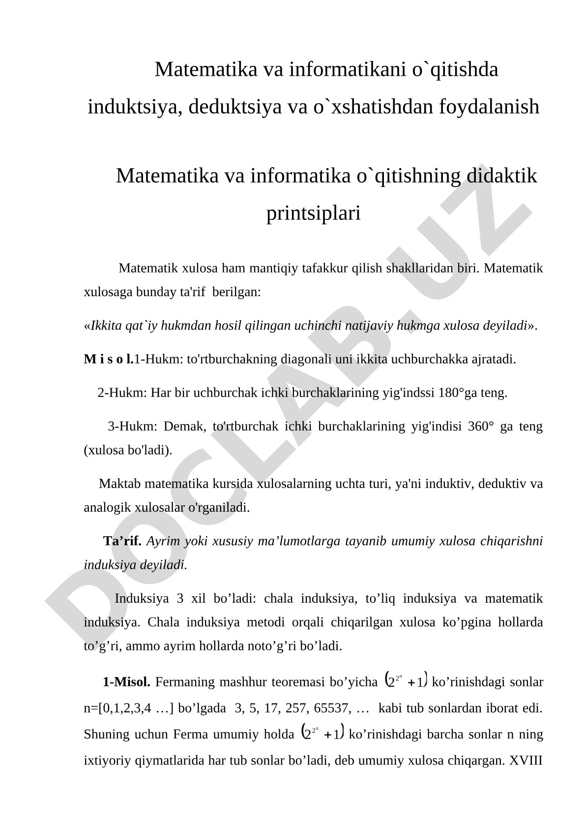 Matematika va informatikani o'qitishda induktsiya, deduktsiya va o'xshatishdan foydalanish