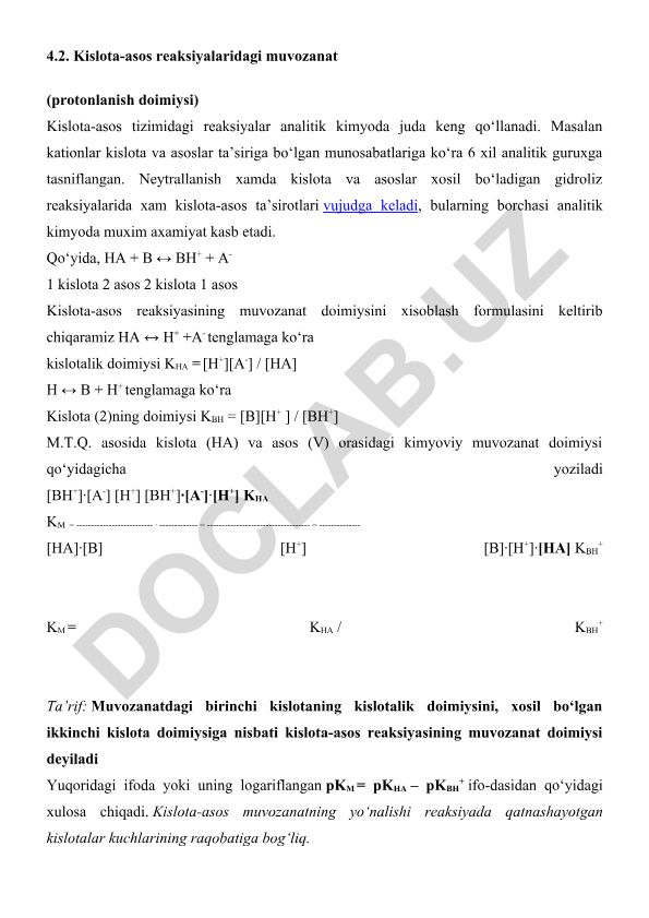 Kislota-asos reaksiyalaridagi muvozanat (protonlanish doimiysi)