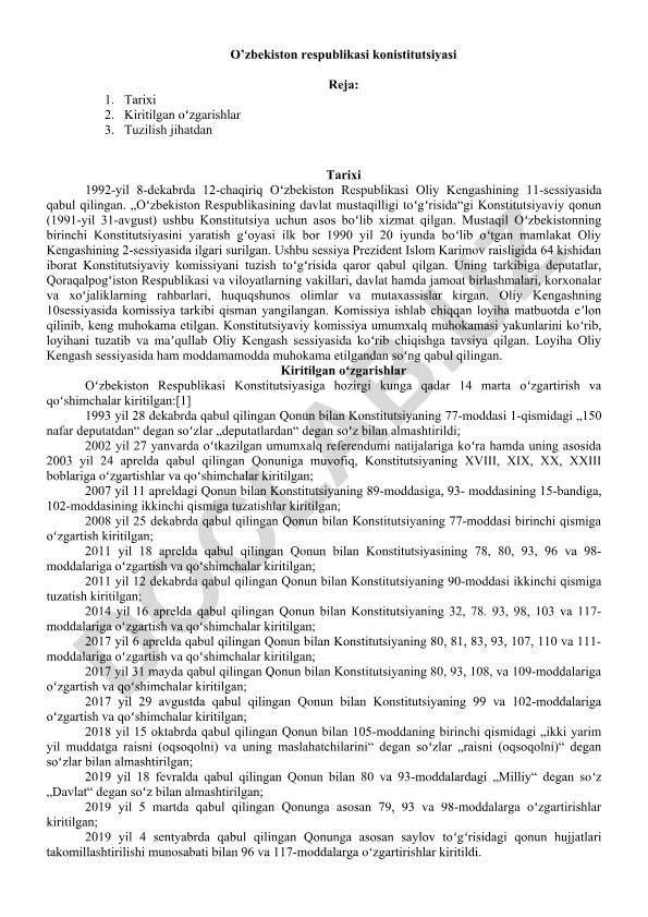 O'zbekiston Respublikasi Konstitutsiyasi tarixi va tuzilishi