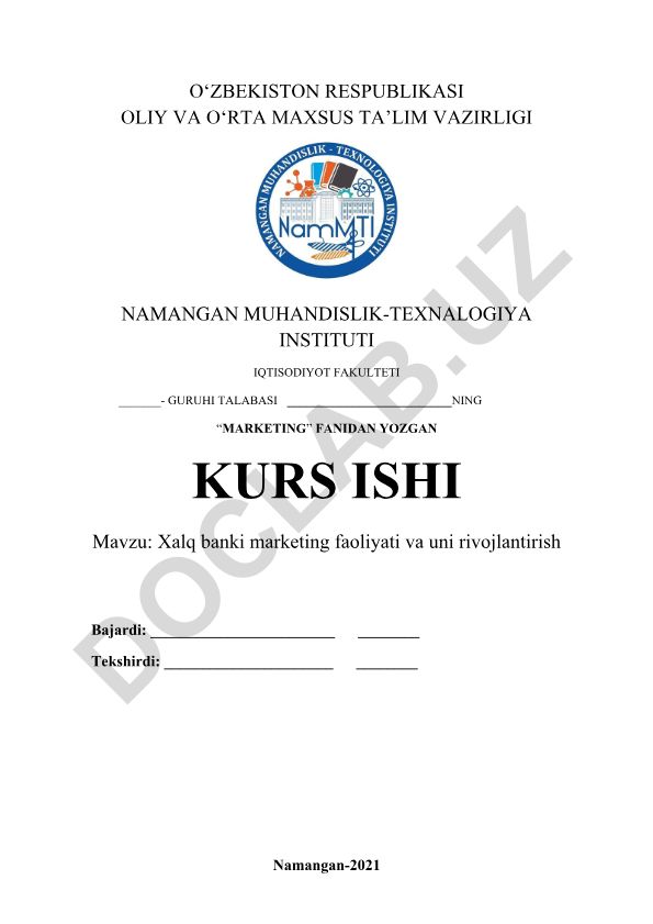 Xalq banki marketing faoliyati va uni rivojlantirish
