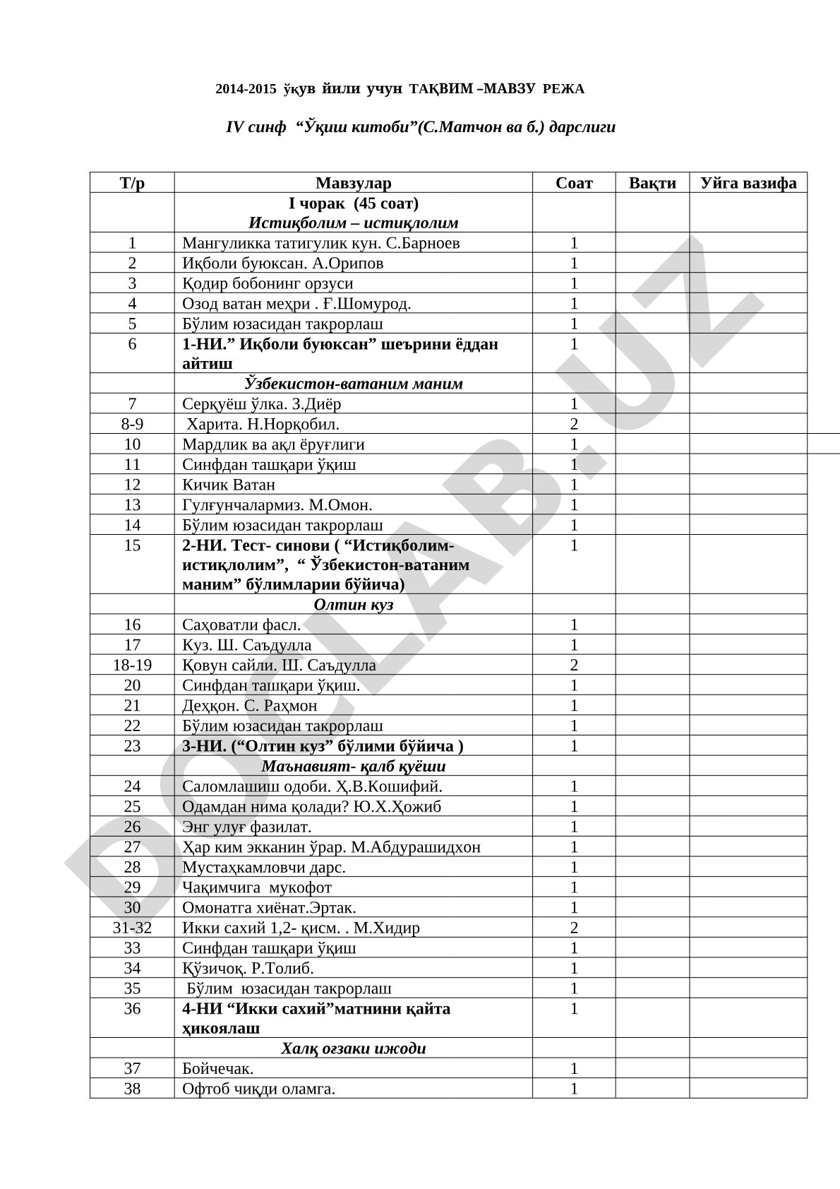 2014-2015 ўқув йили учун IV синф Ўқиш китоби тақвим-мавзу режаси