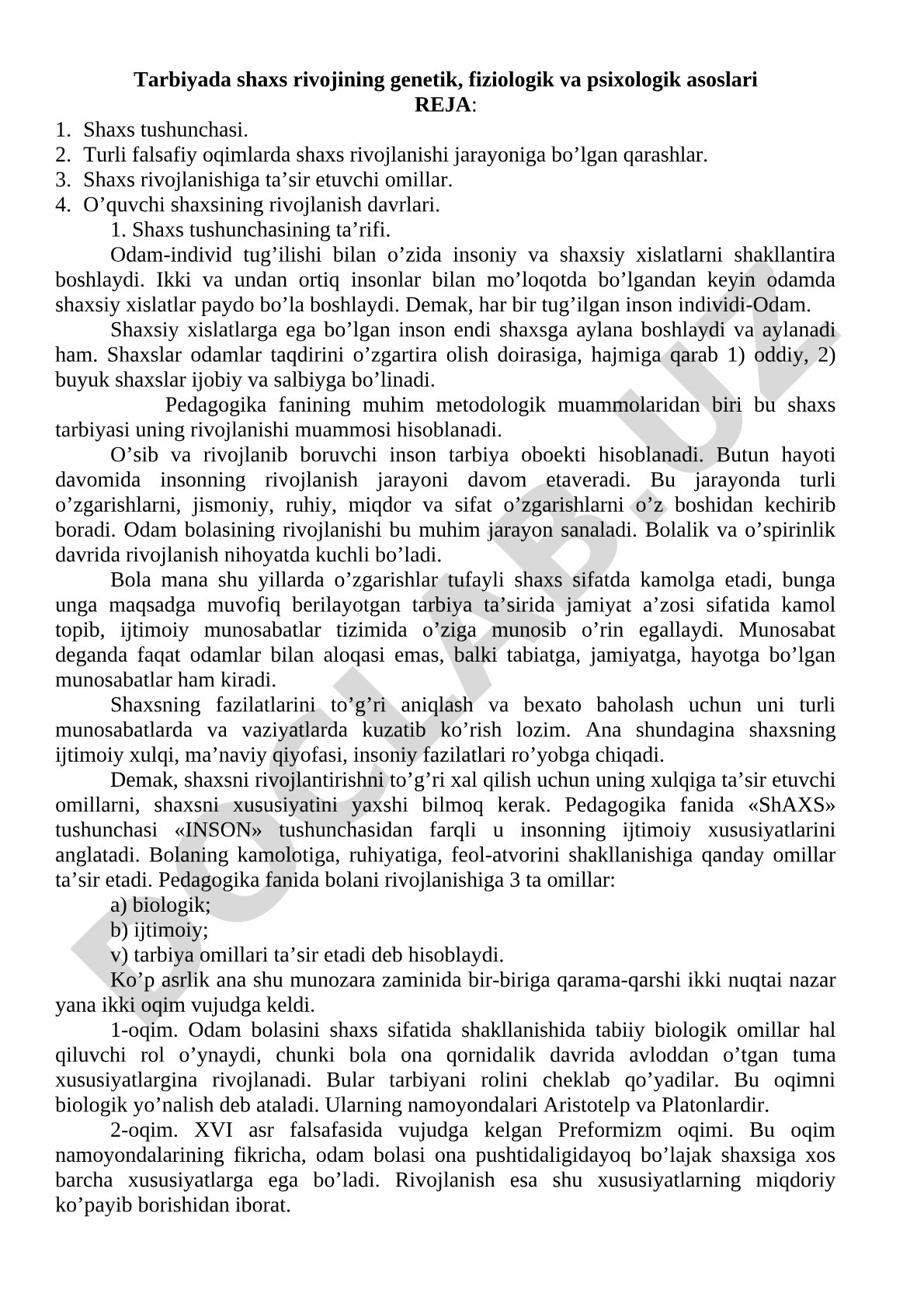 Tarbiyada shaxs rivojining genetik, fiziologik va psixologik asoslari