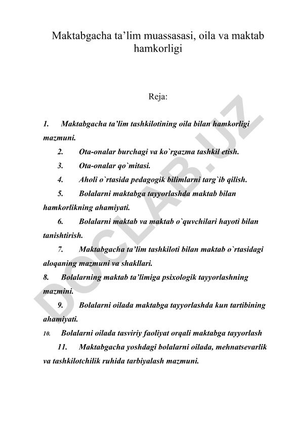 Maktabgacha ta'lim muassasasi, oila va maktab hamkorligi