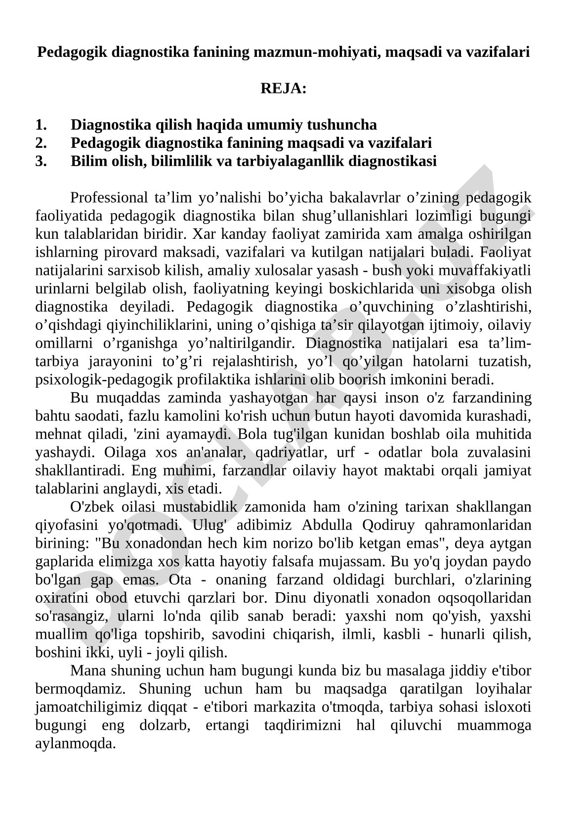 Pedagogik diagnostika fanining mazmun-mohiyati, maqsadi va vazifalari