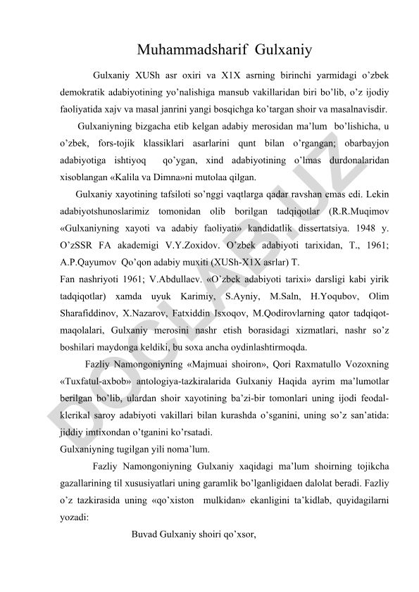 Gulxaniyning hayoti va adabiy faoliyati tadqiqotlari