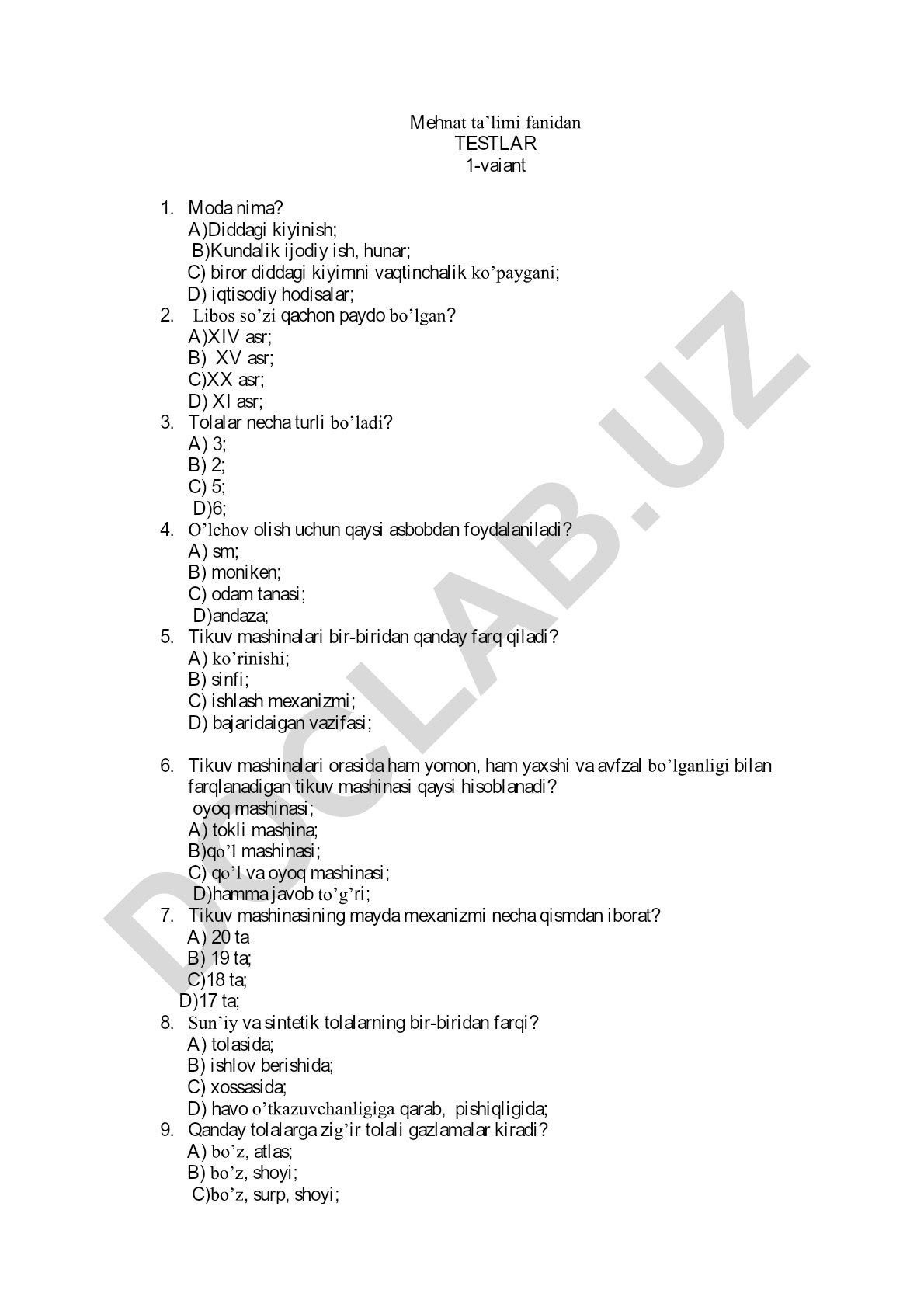 Mehnat ta'limi fanidan test savollari va javoblari