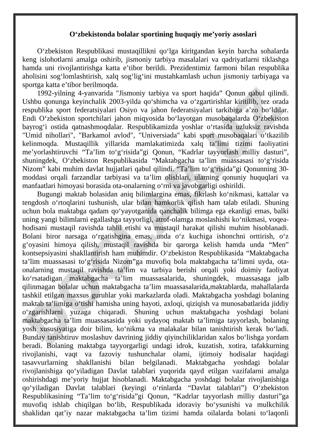 O‘zbekistonda bolalar sportining huquqiy me’yoriy asoslari