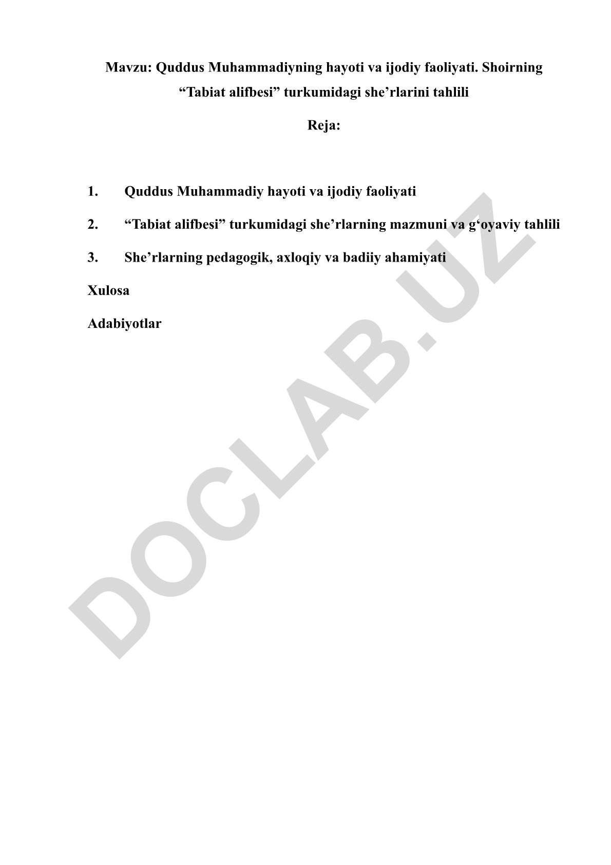 Quddus Muhammadiyning hayoti va ijodiy faoliyati. “Tabiat alifbesi” turkumidagi she’rlar tahlili