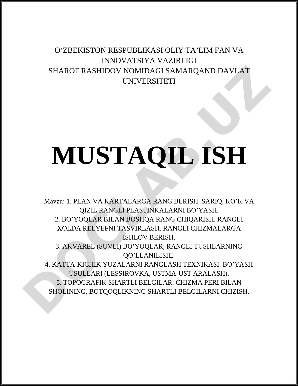 Plan va kartalarga rang berish. Sariq, ko'k va qizil rangli plastinkalarni bo'yash. Bo'yoqlar bilan boshqa rang chiqarish. Rangli xolda relyefni tasvirlash. Rangli chizmalarga ishlov berish. Akvarel (suvli) bo'yoqlar, rangli tuslarning qo'llanilishi. Katta-kichik yuzalarni ranglash texnikasi. Bo'yash usullari (lessirovka, ustma-ust aralash). Topografik shartli belgilar. Chizma peri bilan sholining, botqoqlikning shartli belgilarni chizish