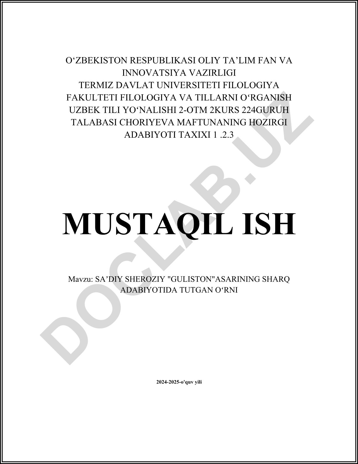 Saʼdiy Sheroziy "Guliston" asarining sharq adabiyotidagi tutgan o'rni
