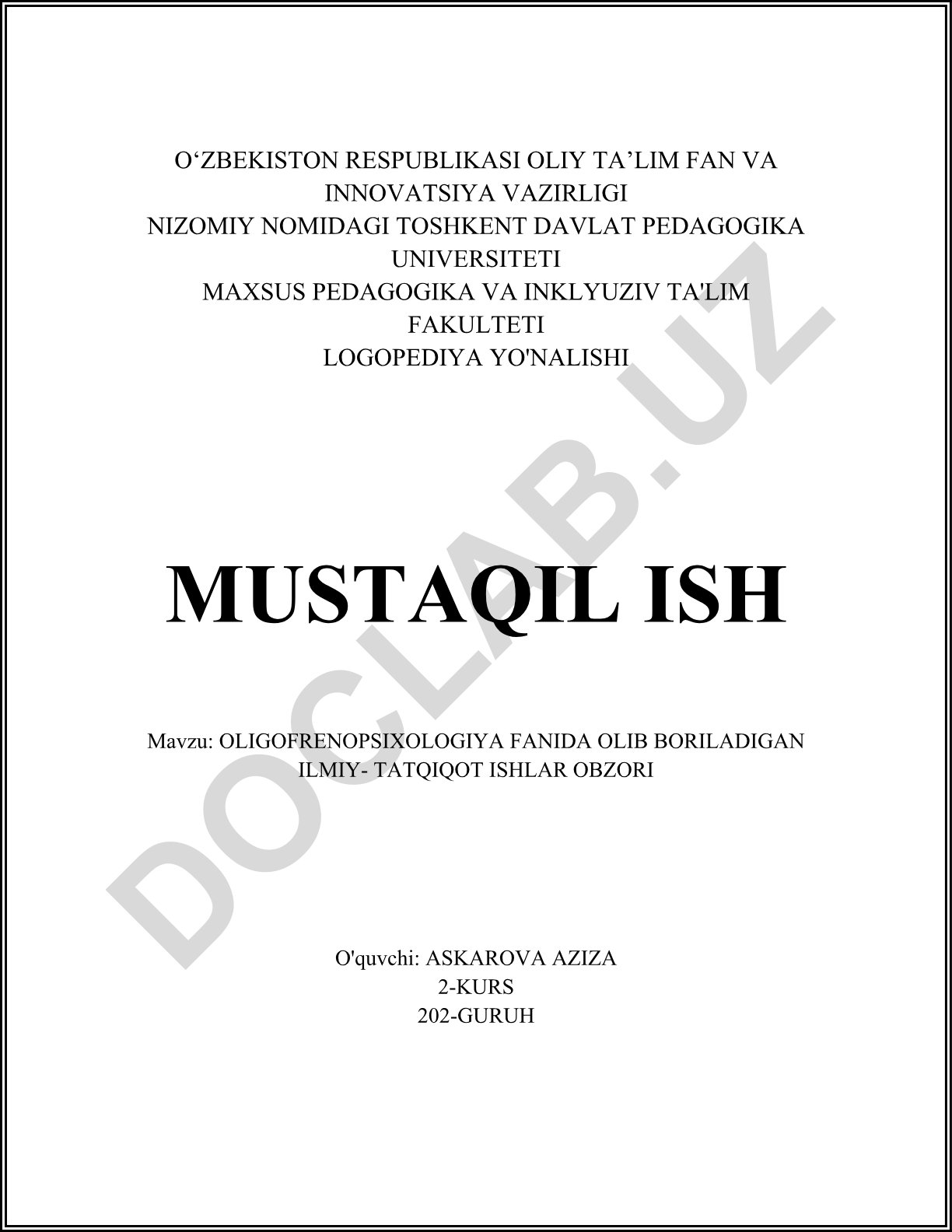 Oligofrenopsixologiya fanida olib boriladigan ilmiy-tadqiqot ishlar obzori