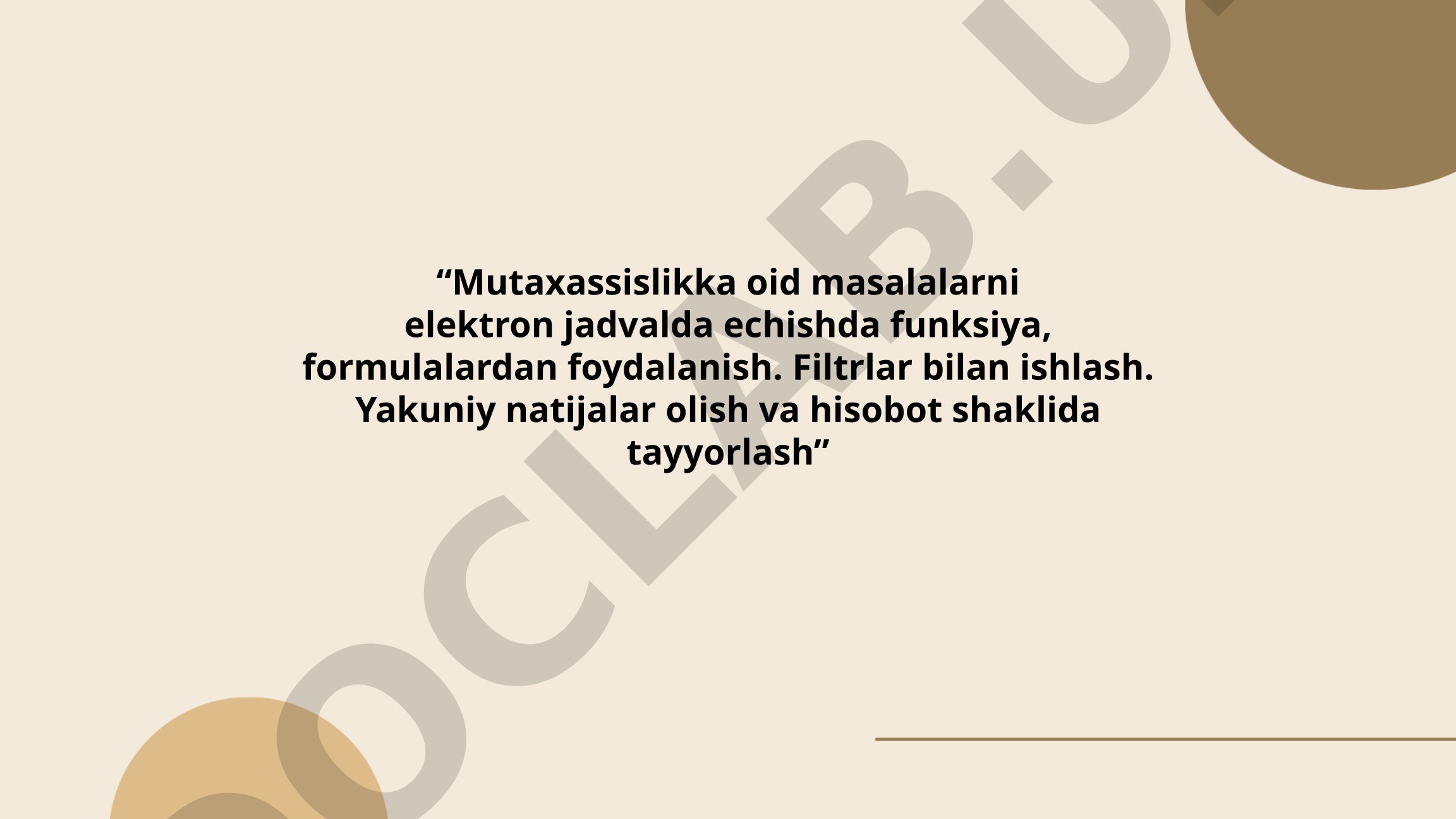 Mutaxassislik masalalarini elektron jadvalda echish va hisobot tayyorlash