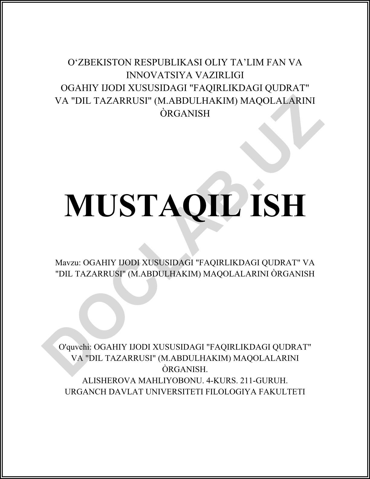 Ogahiy ijodidagi "Faqirlikdagi qudrat" va "Dil tazarrusi" maqolalarini o'rganish
