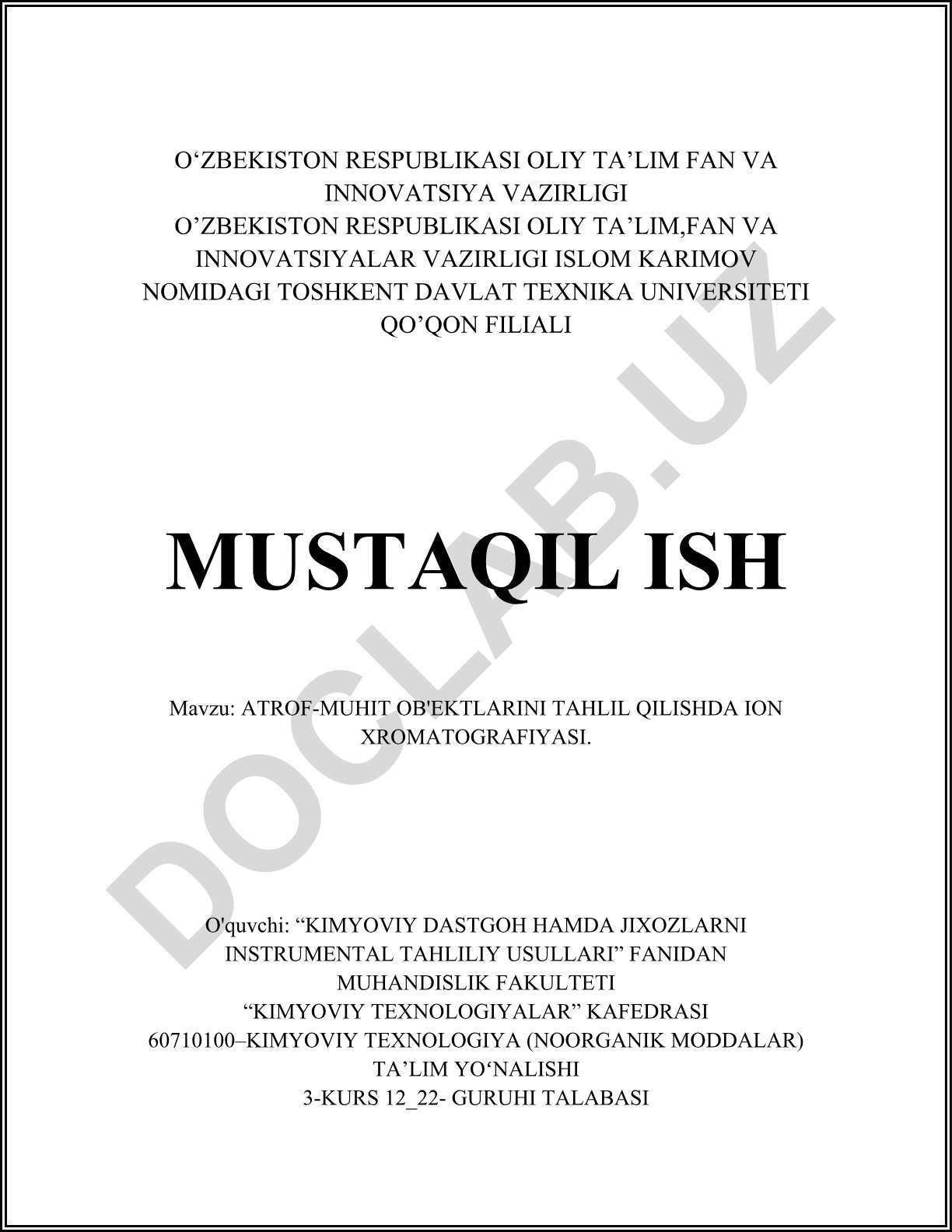 Atrof-muhit ob'ektlarini tahlil qilishda ion xromatografiyasi