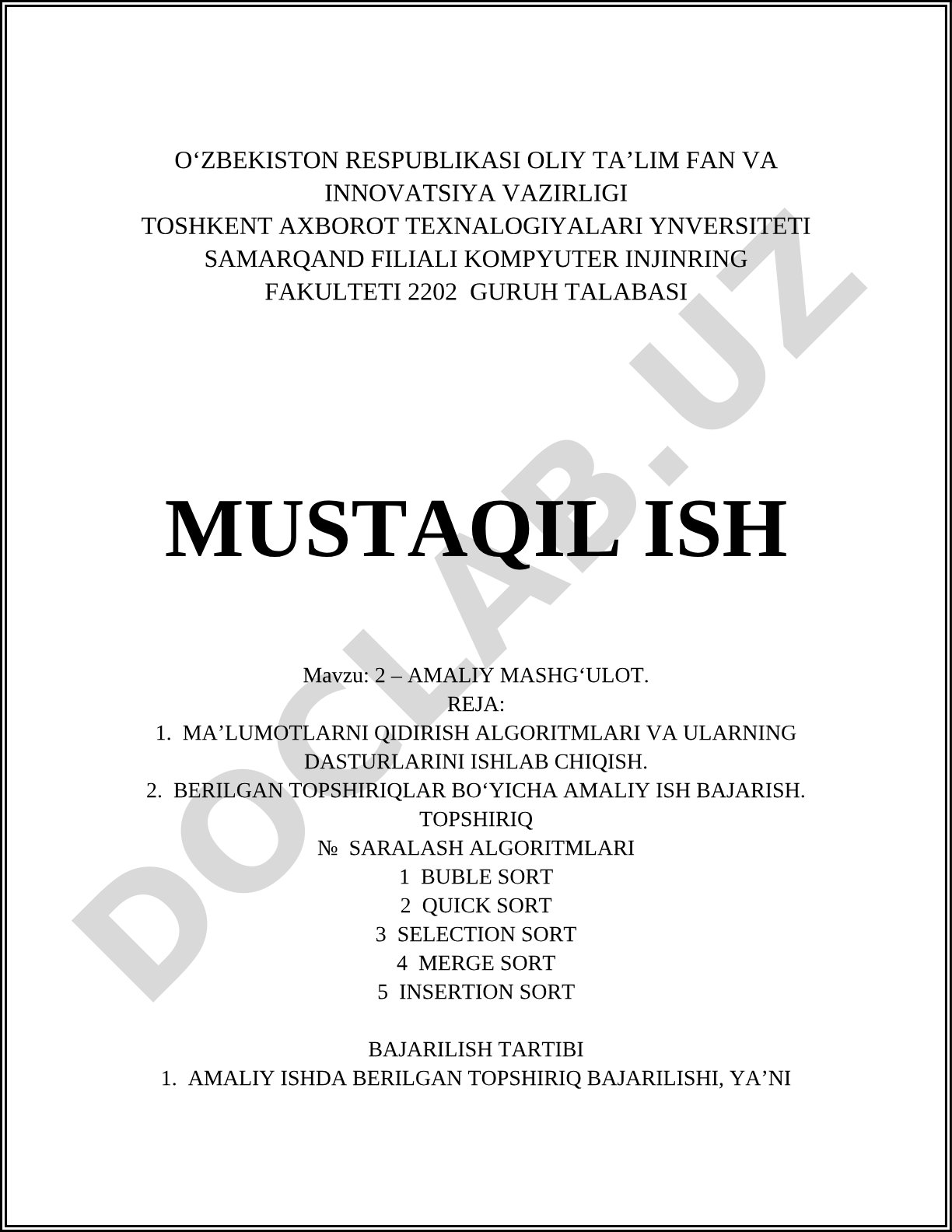 2 – Amaliy mashg‘ulot. Ma’lumotlarni qidirish algoritmlari va ularning dasturlarini ishlab chiqish