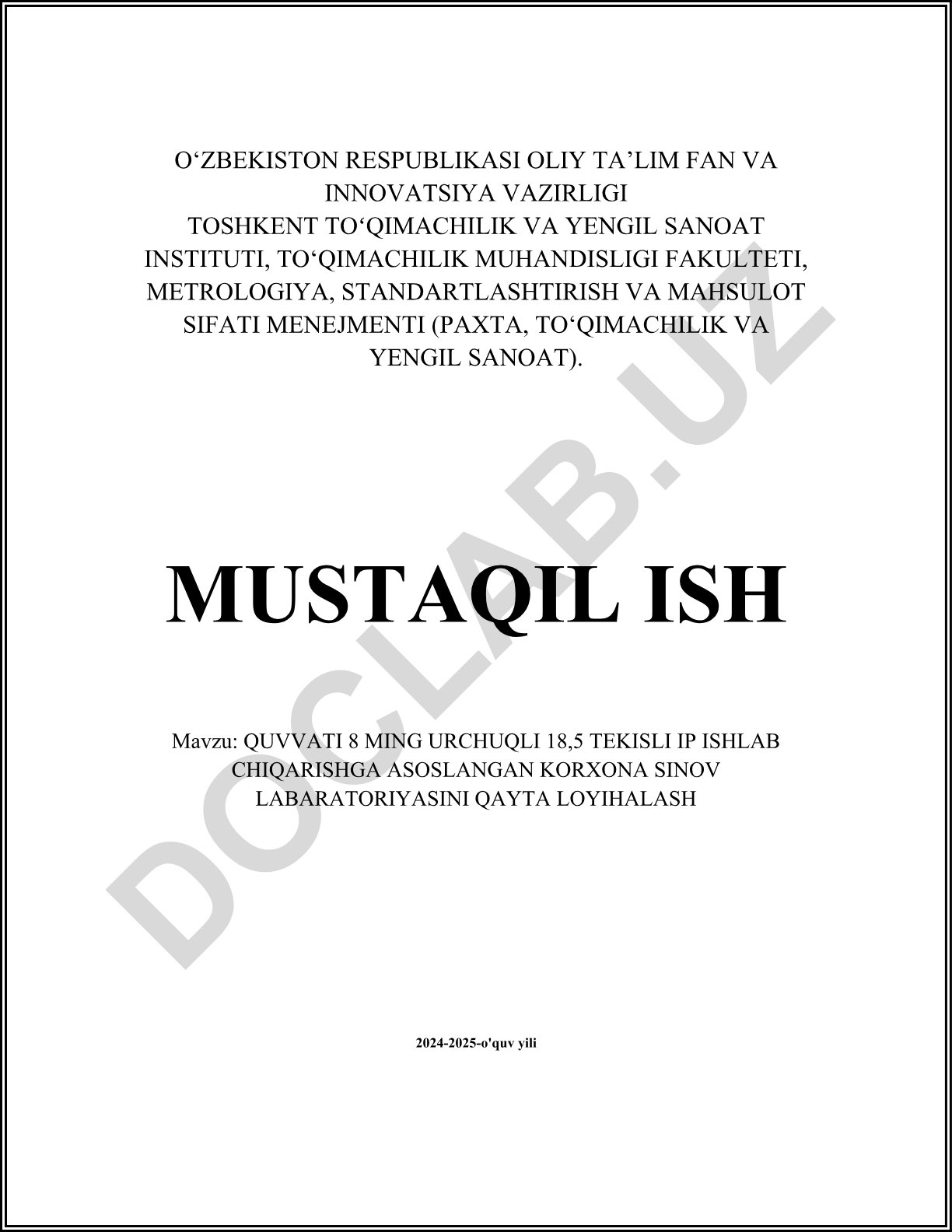 QUVVATI 8 MING URCHUQLI 18,5 TEKISLI IP ISHLAB CHIQARISHGA ASOSLANGAN KORXONA SINOV LABARATORIYASINI QAYTA LOYIHALASH