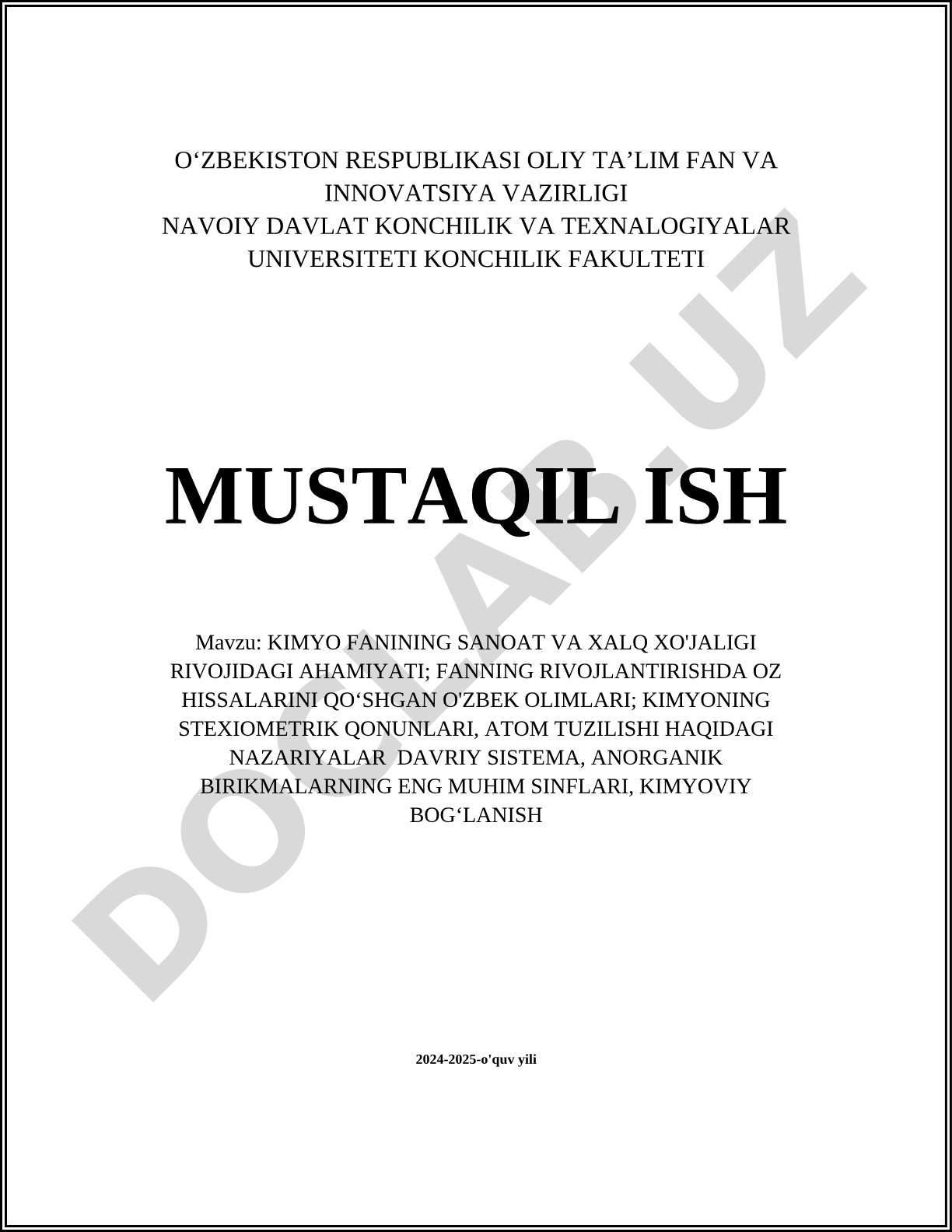 Kimyo fanining sanoat va xalq xo'jaligi rivojidagi ahamiyati; fanning rivojlantirishda oz hissalarini qo'shgan o'zbek olimlari; kimyoning stexiometrik qonunlari, atom tuzilishi haqidagi nazariyalar davriy sistema, anorganik birikmalarning eng muhim sinflari, kimyoviy bog'lanish