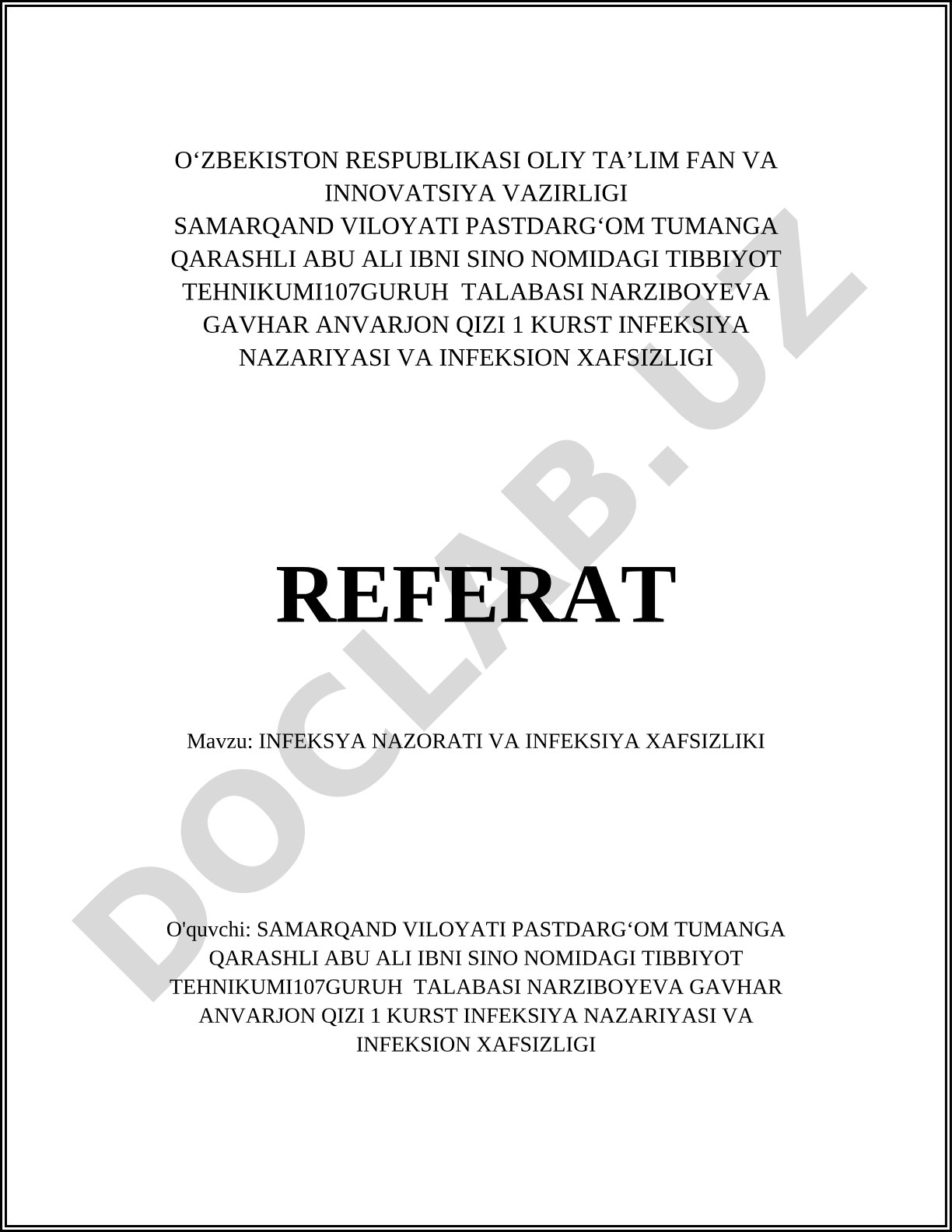 Infeksiya nazorati va infeksiya xafsizligi