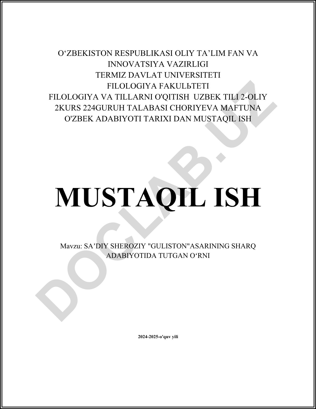 Saʼdiy Sheroziy "Guliston" asarining sharq adabiyotidagi tutgan o‘rni
