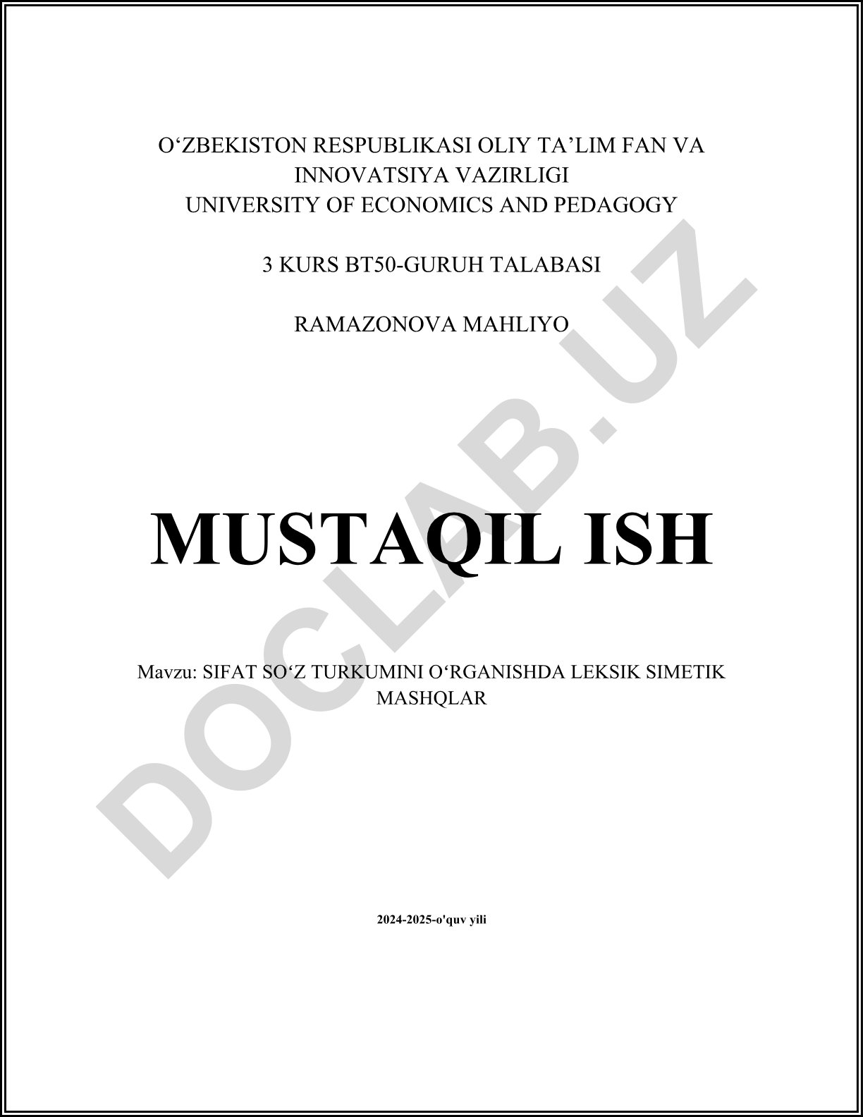 Sifat soʻz turkumini oʻrganishda leksik semantik mashqlar