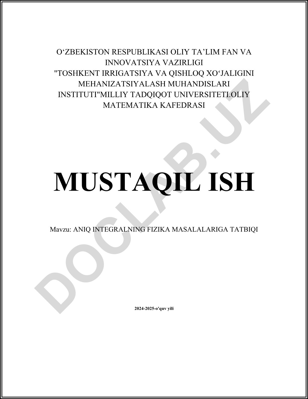 Aniq integralning fizika masalalariga tatbiqi