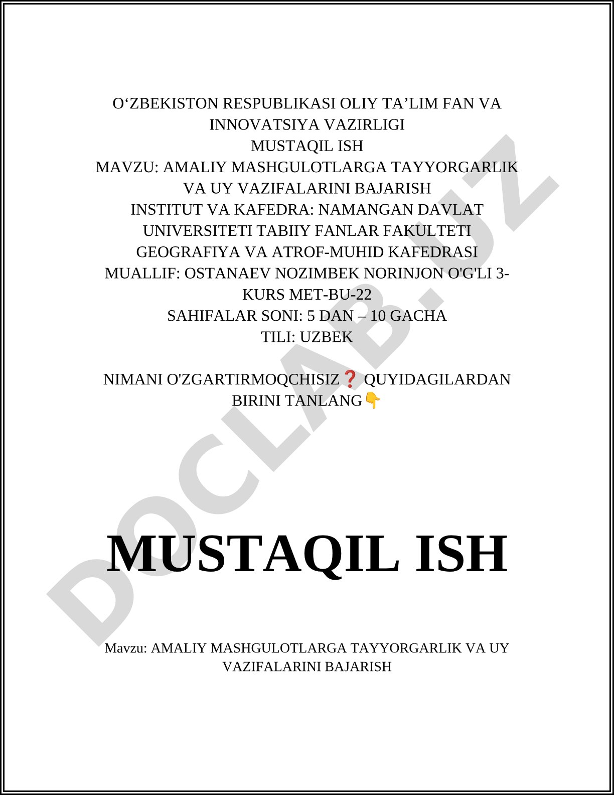 Amaliy mashg'ulotlarga tayyorgarlik va uy vazifalarini bajarish