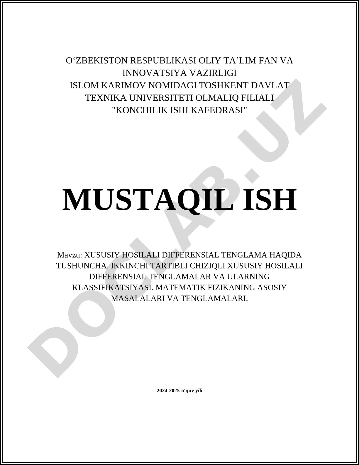 Xususiy hosilali differensial tenglama haqida tushuncha. Ikkinchi tartibli chiziqli xususiy hosilali differensial tenglamalar va ularning klassifikatsiyasi. Matematik fizikaning asosiy masalalari va tenglamalari