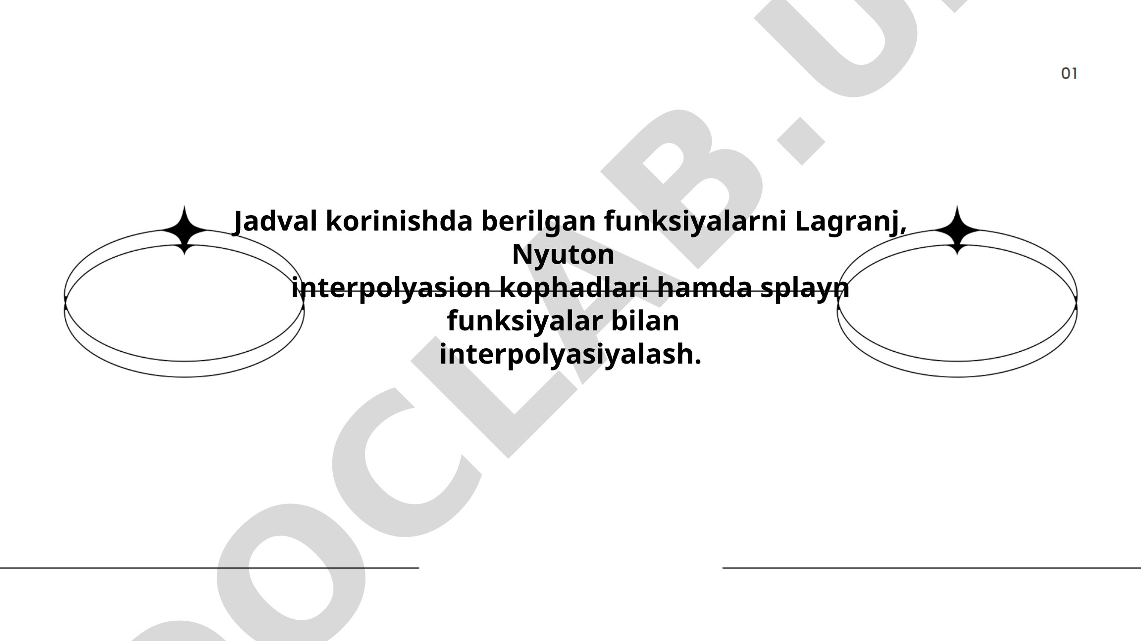 Jadval ko'rinishida berilgan funksiyalarni Lagranj, Nyuton interpolyasion ko'phadlari hamda splayn funksiyalar bilan interpolyasiyalash