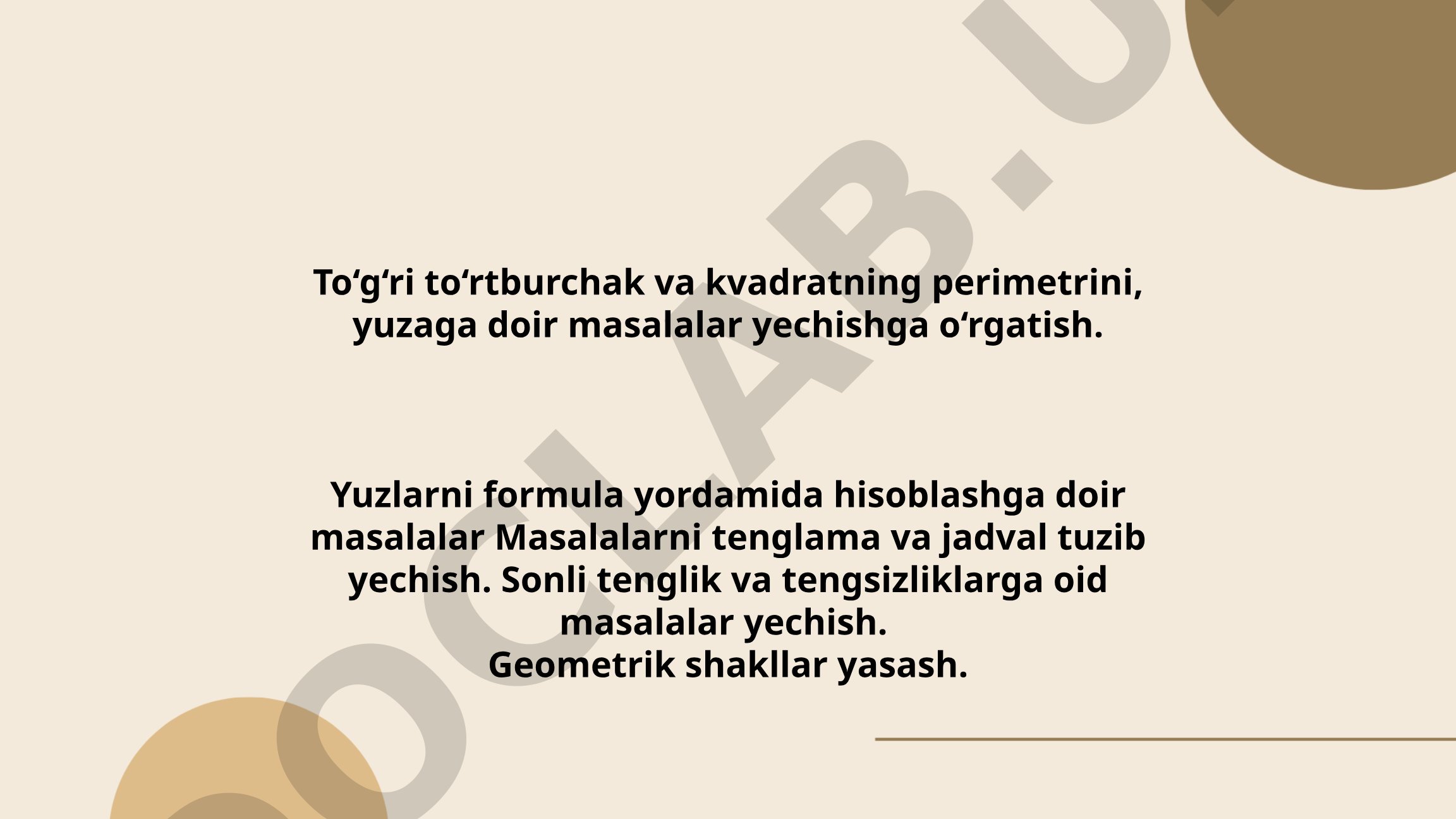 To'g'ri to'rtburchak va kvadratning perimetri va yuzasini hisoblash