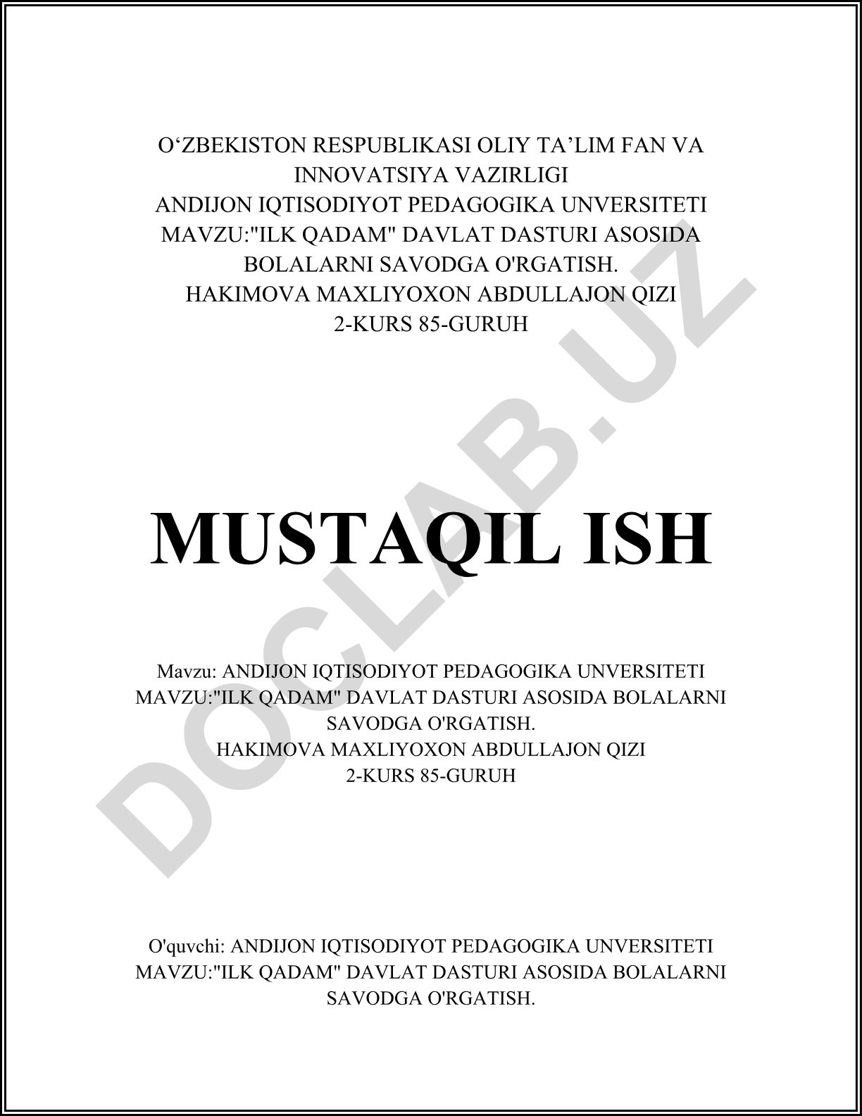 "Ilk Qadam" davlat dasturi asosida bolalarni savodga o'rgatish